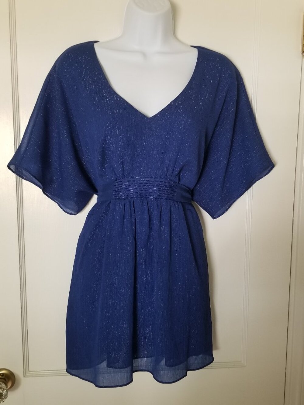 Fashion Bug Navy Blue V-Neck Smocked Waist Women's Top